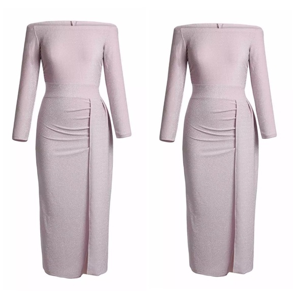 👄 LAST 1 Sheer Off Shoulder Midi  Shiny Dress🌹 - Picture 2 of 4